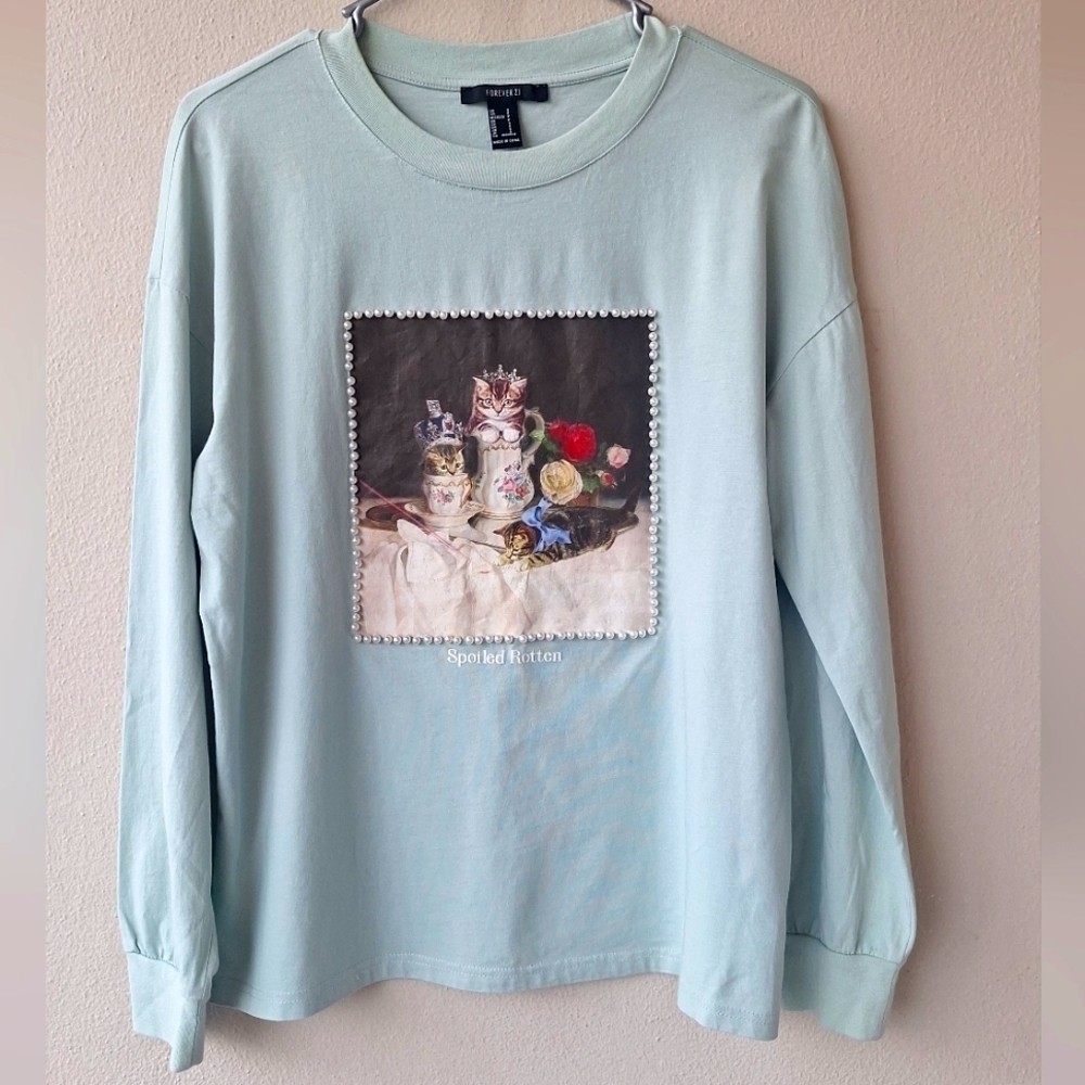 Forever 21 Green Light Spoiled Rotten Round Neck Cats Women's T-Shirt Size S - Picture 2 of 6